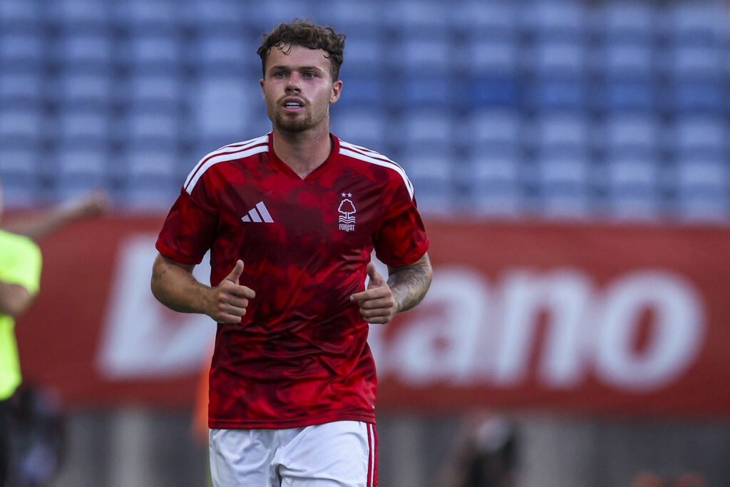 Neco Williams in the Nottingham Forest home kit for the 2026/27 Premier League season.